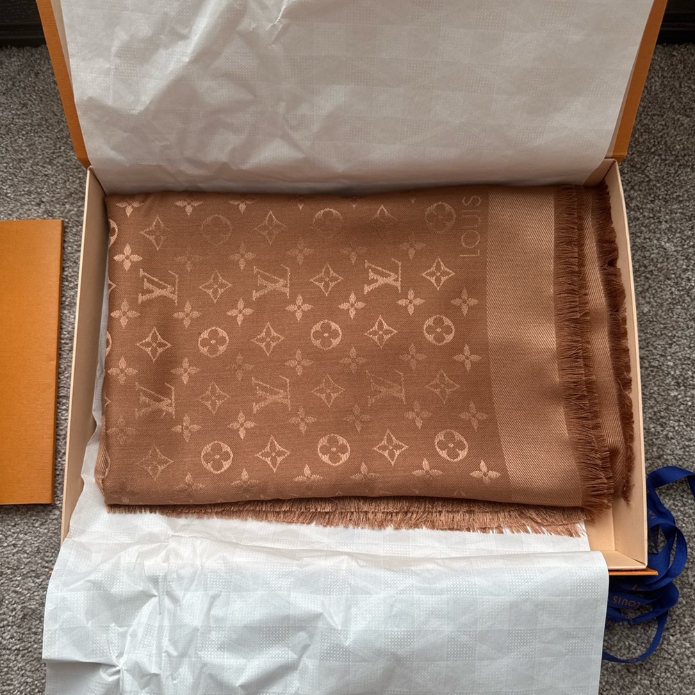 Louis Vuitton Brown Monogram Scarf Luxurious Silk Blend